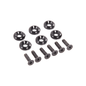 Top-down view of the Ski Boot Mounting Hardware - Front, showing black screws and matching washers arranged in a neat layout.