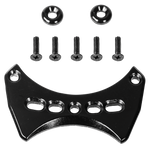 Top-down view of the Ski Boot Mounting Hardware - Rear, featuring a black metal mounting plate with multiple holes, along with screws and washers.