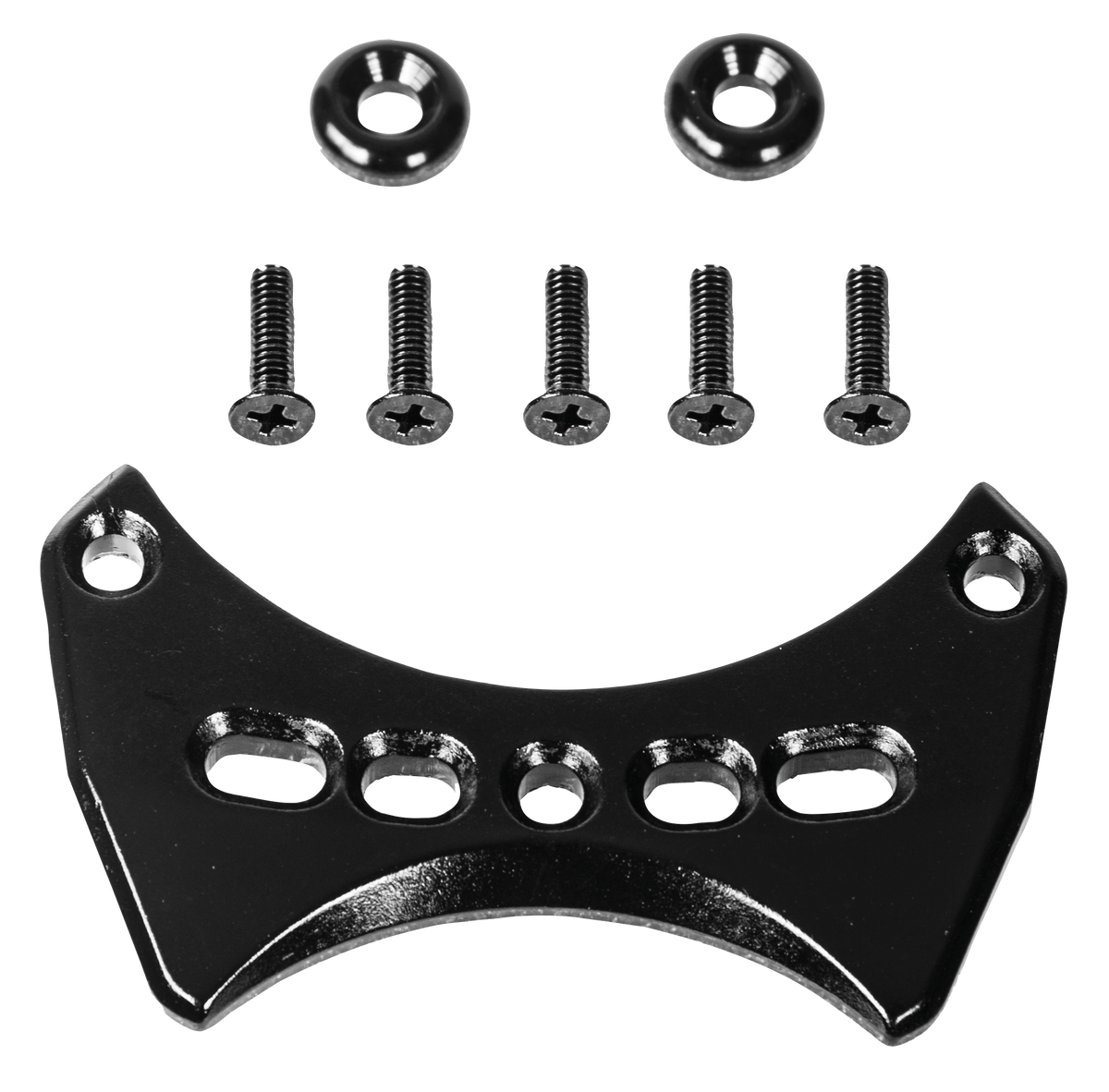 Top-down view of the Ski Boot Mounting Hardware - Rear, featuring a black metal mounting plate with multiple holes, along with screws and washers.