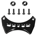 Top-down view of the Ski Boot Mounting Hardware - Rear, featuring a black metal mounting plate with multiple holes, along with screws and washers.