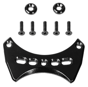 Top-down view of the Ski Boot Mounting Hardware - Rear, featuring a black metal mounting plate with multiple holes, along with screws and washers.