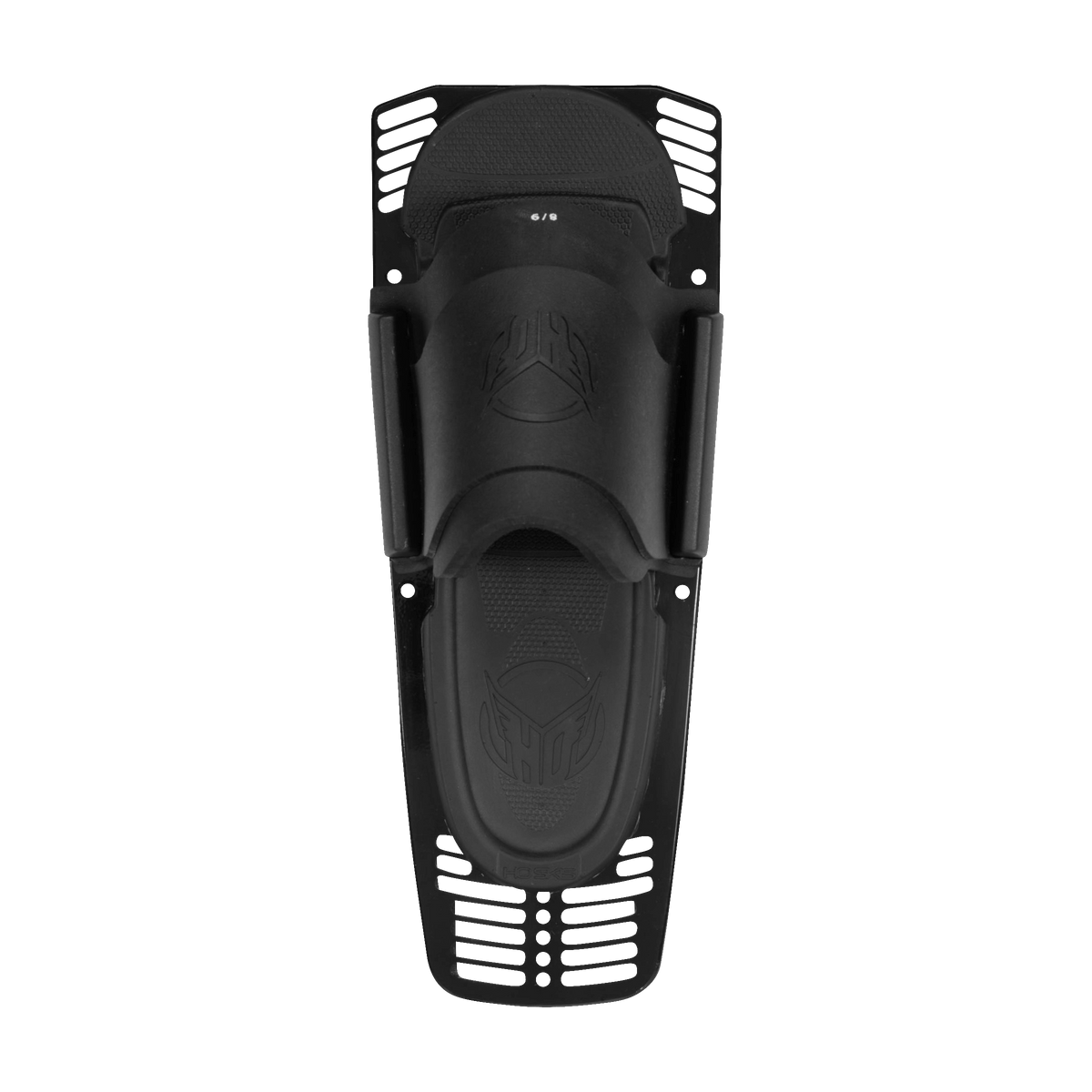 Top view of Rear Toe Plate showing a black open-toe waterski binding with an embossed HO logo.