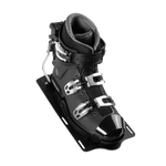 Angled view of the black Syndicate Hardshell boot with silver buckles and a cushioned liner on a mounting plate.