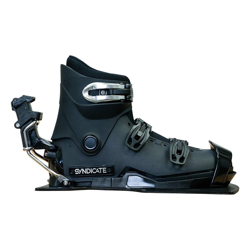 Left-side view of the Syndicate Hardshell Demo Program boot showing its black design, buckles, and rear release.