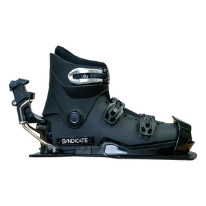 Left-side view of the Syndicate Hardshell Demo Program boot showing its black design, buckles, and rear release.