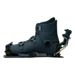 Right-side view of the Syndicate Hardshell boot, black with Syndicate branding, metal buckles, and a durable mounting plate.