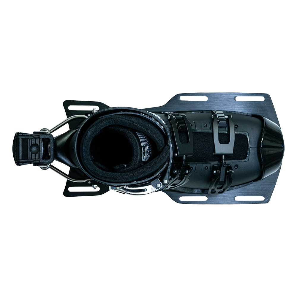 Top view of the Syndicate Hardshell Demo Program boot showing its cushioned black interior, buckles, and structured fit.