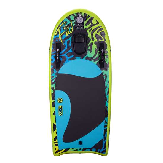 Top view of the FAD 4.5 inflatable board in green, blue, and black with a squiggle graphic, center pad, and grab straps.