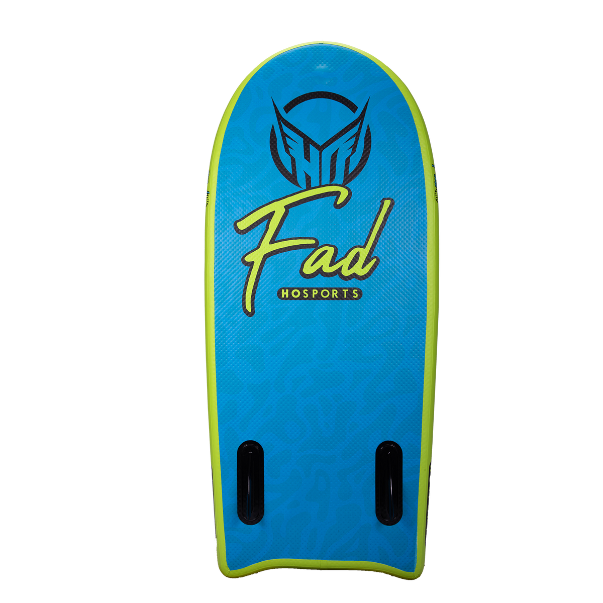Bottom view of the FAD 4.5 board featuring a blue surface with "FAD" and "HO Sports" branding, and two black fins.