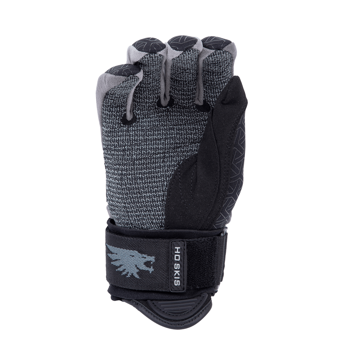 Palm view of the black and gray Syndicate 41 Tail glove, with textured fabric, padded knuckles, and adjustable wrist strap.