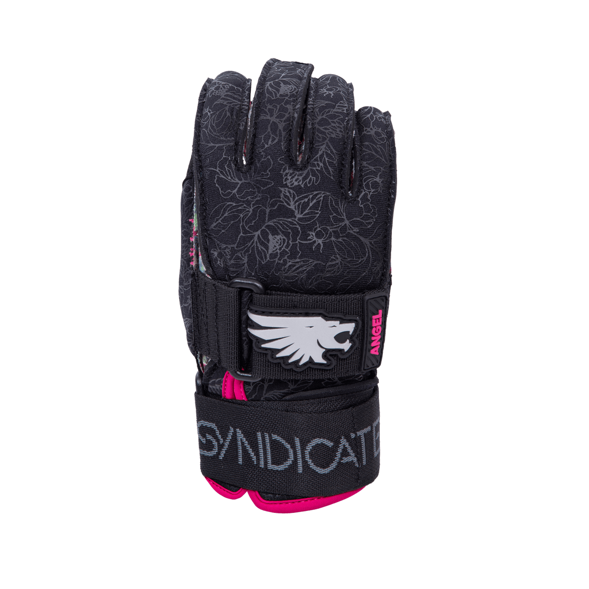 Front view of the Syndicate Angel Inside Out glove, with black floral pattern, pink logo details, and adjustable wrist strap.