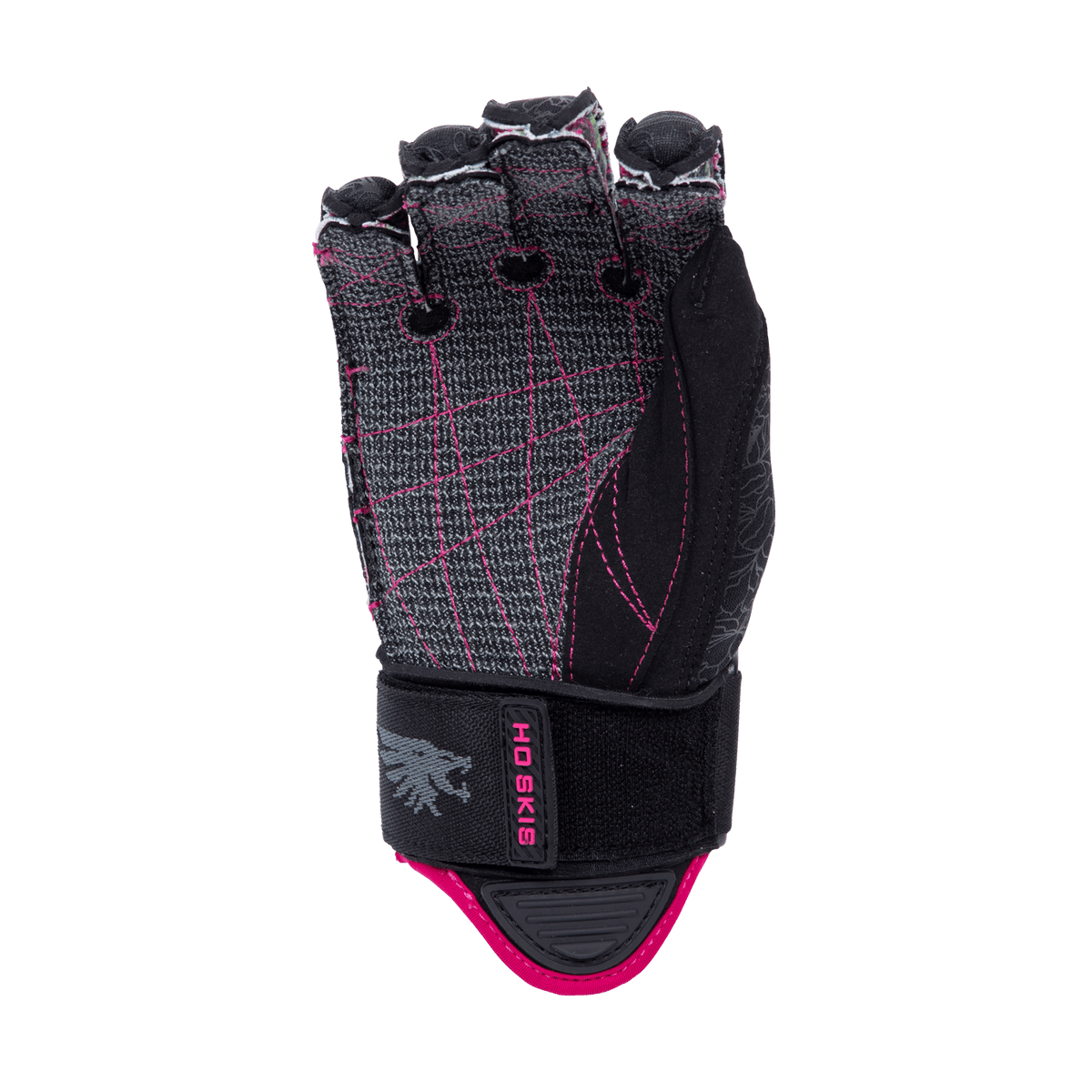 Palm view of Syndicate Angel Inside Out glove, showing gray with pink stitching, reinforced fingers, and black wrist strap.