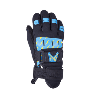 Back view of the Kids World Cup glove in black with blue and yellow lightning graphics, HO logo, and dual wrist straps.