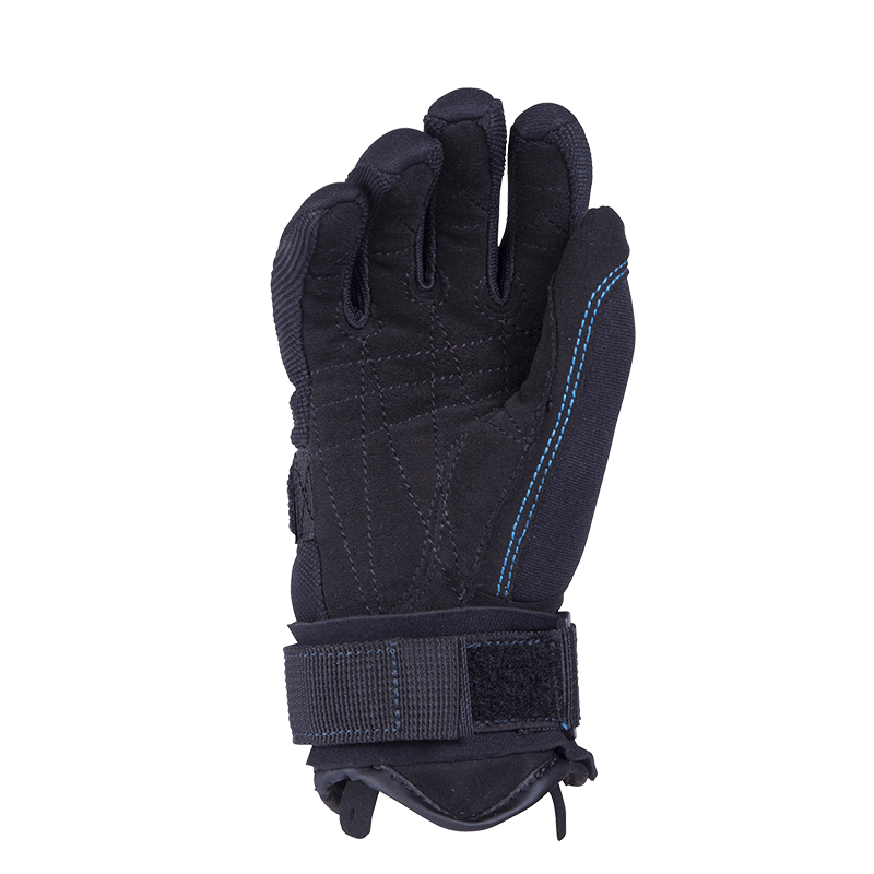 Palm view of the black Kids World Cup glove with reinforced stitching, padded grip, and an adjustable wrist strap.