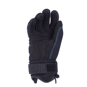 Palm view of the black Kids World Cup glove with reinforced stitching, padded grip, and an adjustable wrist strap.