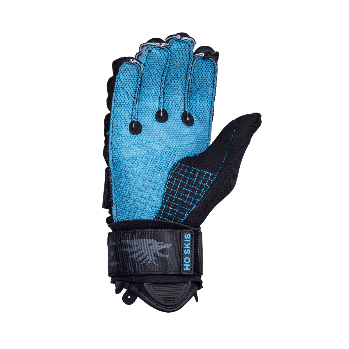 Palm view of Syndicate Legend Inside Out glove showing a blue grip surface with reinforced stitching and black finger loops.