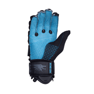 Palm view of Syndicate Legend Inside Out glove showing a blue grip surface with reinforced stitching and black finger loops.