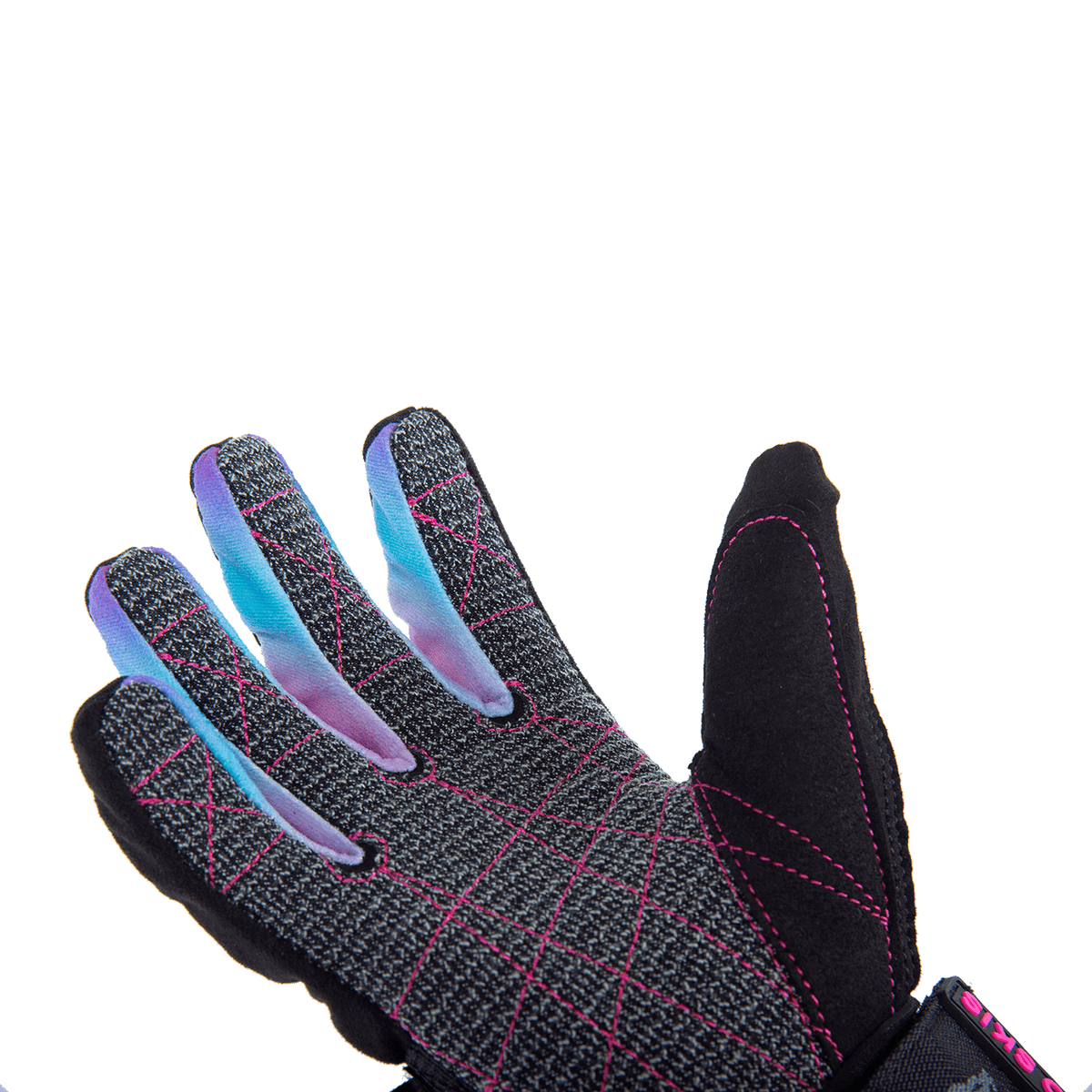 Angled view of the Syndicate Angel glove’s open palm, showing the textured grip, pink stitching, and colorful fingertips.