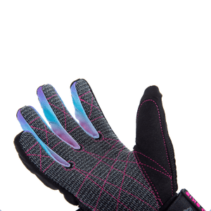 Angled view of the Syndicate Angel glove’s open palm, showing the textured grip, pink stitching, and colorful fingertips.