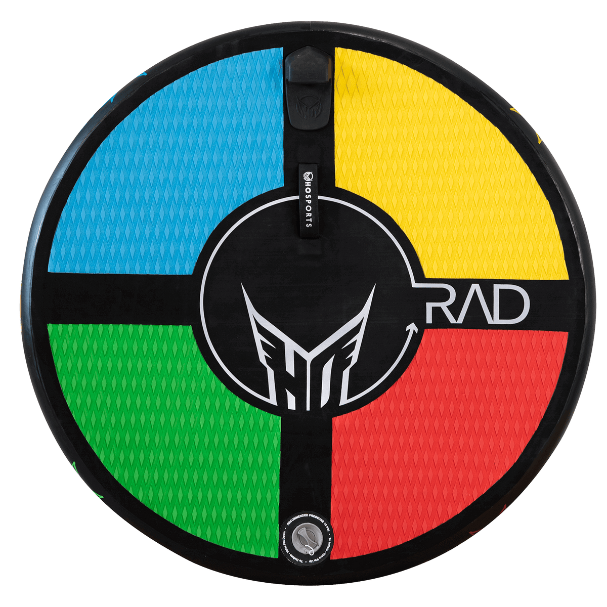 Top view of RAD 5 featuring a circular design with black, red, green, yellow, and blue grip sections and an HO logo.