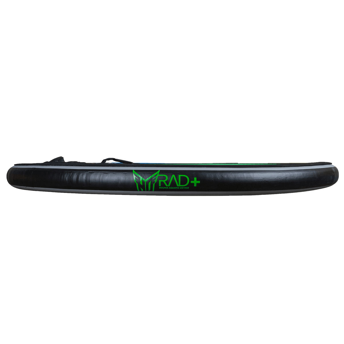 Side view of RAD 5 displaying its black inflatable body with green "RAD+" text and HO logo.