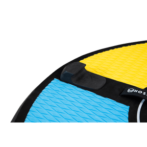 Close-up view of RAD 5 showing black foot strap and textured yellow and blue grip pads.