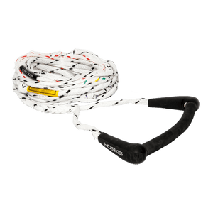 White LTD rope with a curved black ARC handle, featuring black end caps and multi-colored weave accents.