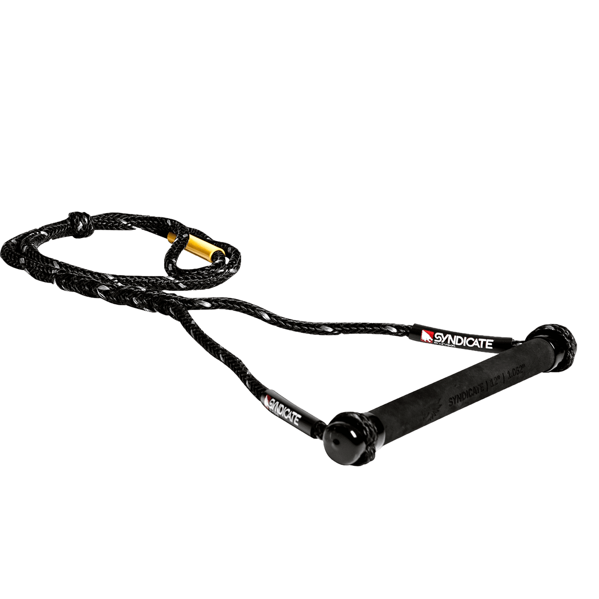 Angled view of the black Syndicate 41 Tail Handle, featuring a textured grip handle, braided mainline, and red logo accents.