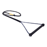 Angled view of the Syndicate Pro Handle, a black waterski handle with a textured grip and a braided mainline rope.