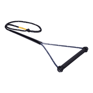 Angled view of the Syndicate Pro Handle, a black waterski handle with a textured grip and a braided mainline rope.