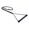 Angled view of the Syndicate Pro Handle, a black waterski handle with a textured grip and a braided mainline rope.
