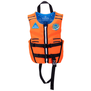 Front view of an orange and blue Child Pursuit life vest with black straps, a zipper, and HO Sports logo on the chest.
