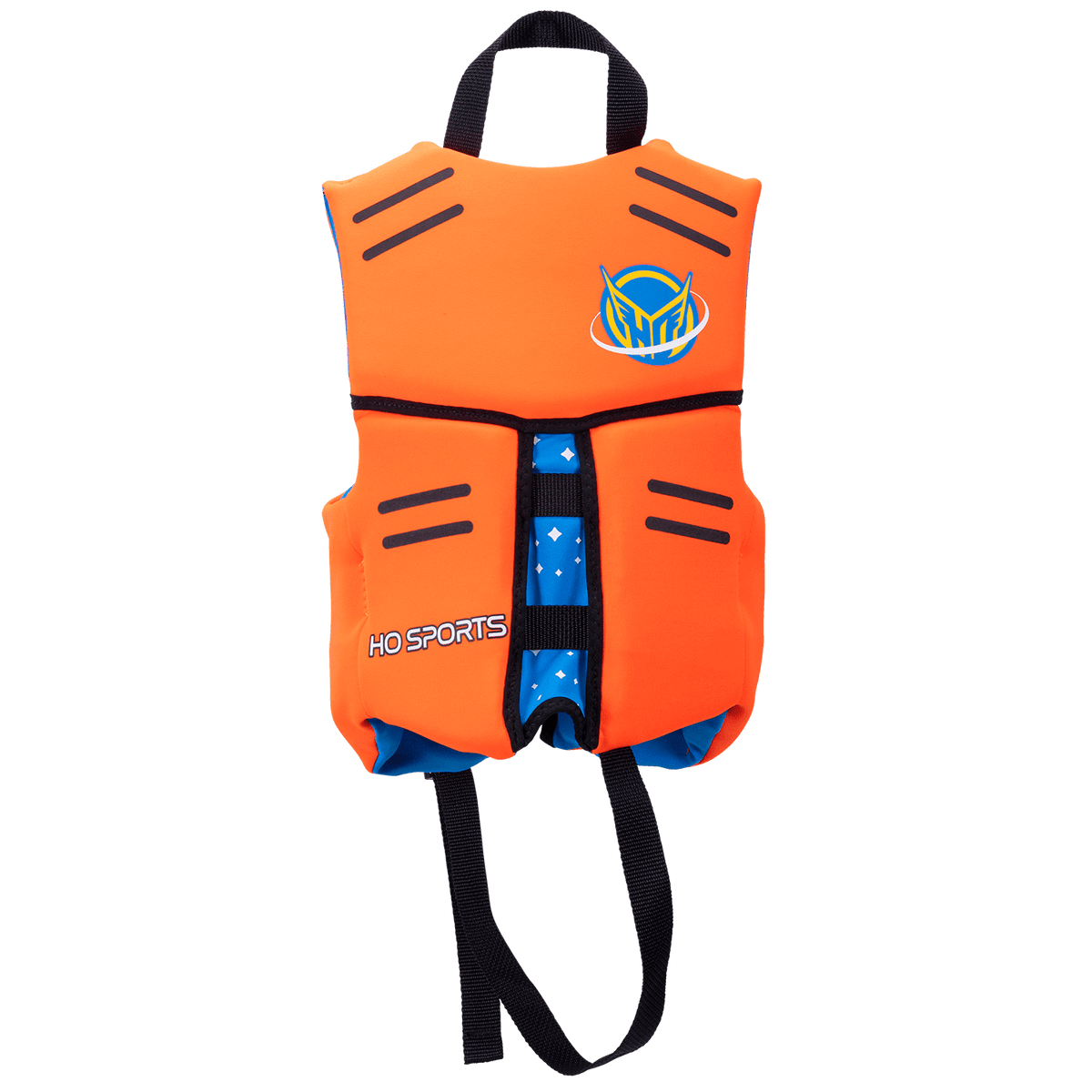 Back view of an orange Child Pursuit life vest with black horizontal accents, a black strap, and an HO Sports logo.