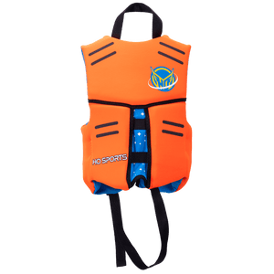 Back view of an orange Child Pursuit life vest with black horizontal accents, a black strap, and an HO Sports logo.