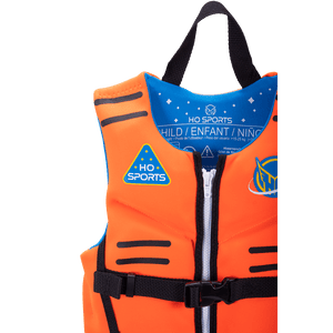 Close-up angled view of the Child Pursuit vest, showing the black straps, zipper, blue lining, and HO Sports branding.