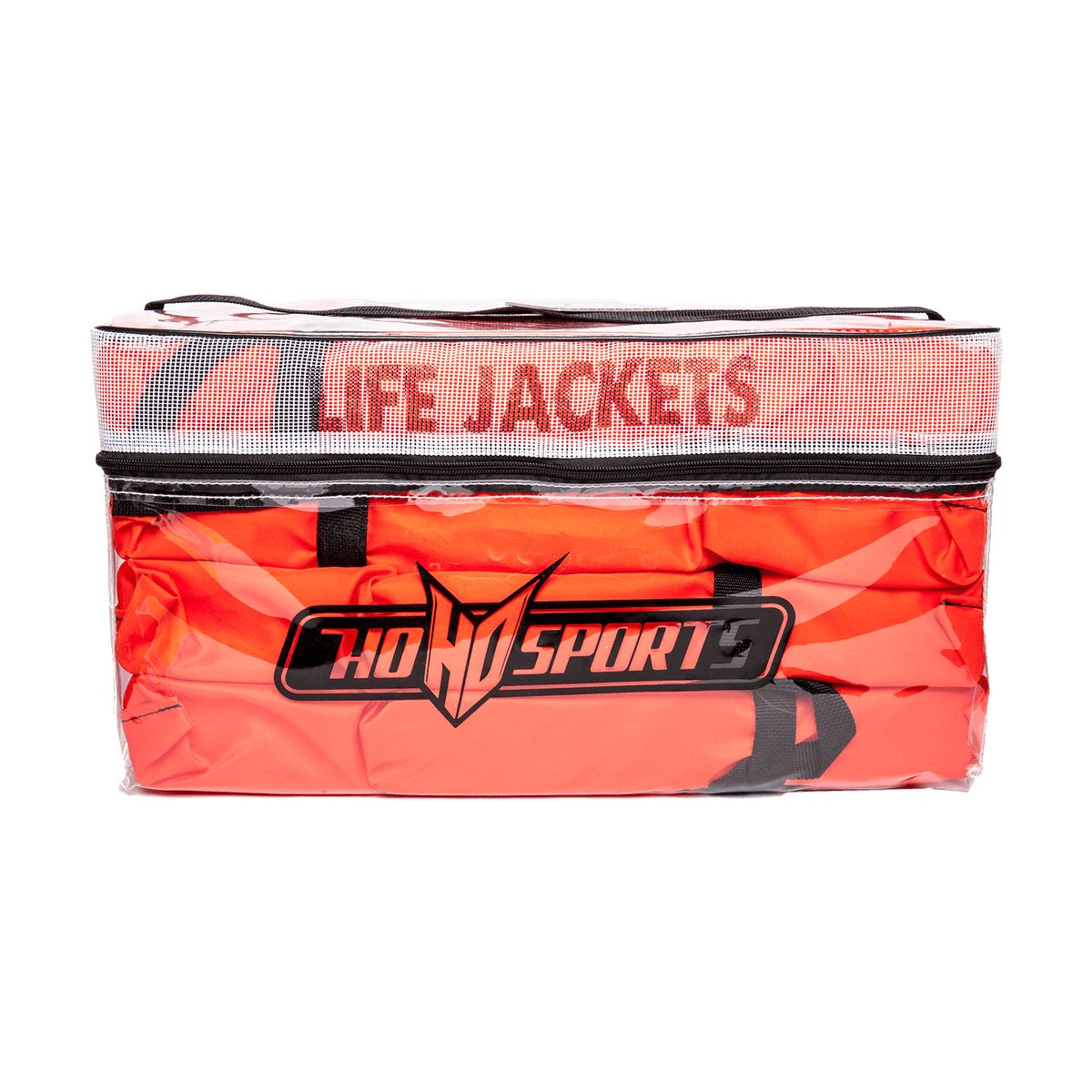 Front view of the HO 4 Pack AK-1 Vests, four bright orange life jackets stored in a clear zippered carrying bag.