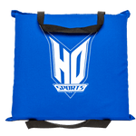 Front view of the blue Seat Cushion PFD with the white HO Sports logo, featuring black carrying straps on the top and bottom.