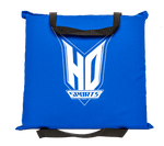 Front view of the blue Seat Cushion PFD with the white HO Sports logo, featuring black carrying straps on the top and bottom.