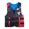 Front view of the Men’s Infinite Red life vest featuring a zippered closure, dual buckles, and geometric silver accents.