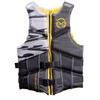 Front view of the Men’s Mission life vest in black, gray, and yellow with a zippered closure, dual buckles, and camo pattern.