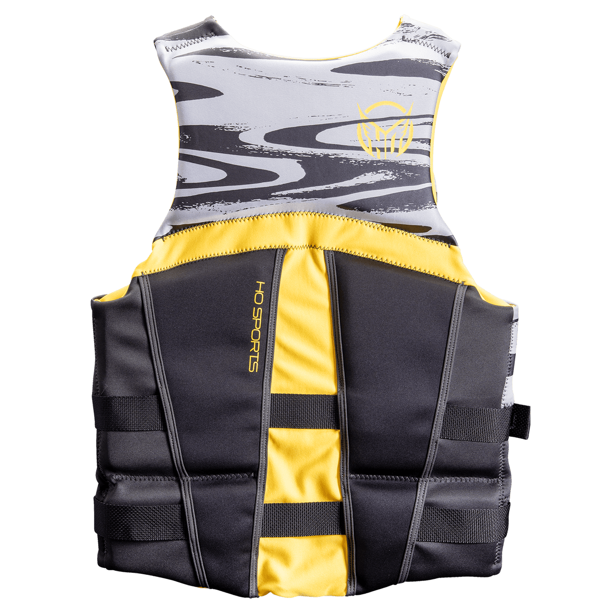 Back view of the Men’s Mission life vest featuring a black and gray camo pattern with yellow accents and adjustable straps.