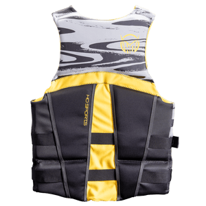 Back view of the Men’s Mission life vest featuring a black and gray camo pattern with yellow accents and adjustable straps.