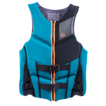 Front view of the Men’s Phoenix life vest in teal and black with orange zipper, dual buckles, and segmented foam panels.