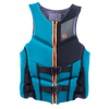 Front view of the Men’s Phoenix life vest in teal and black with orange zipper, dual buckles, and segmented foam panels.