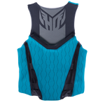 Back view of the Men’s Phoenix life vest showcasing a black and teal design with wavy stitching and an HO Sports logo.