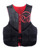 Front of the Men’s Pursuit life vest in black with red accents, digital pixel pattern, zippered closure, and dual buckles.