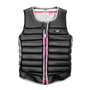 Front view of the black Syndicate Ethos vest, featuring padded horizontal panels, a pink zipper, and gray trim.