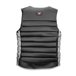 Back of the Syndicate Ethos vest, showcasing a black padded design with a pink logo patch and floral-patterned side panels.