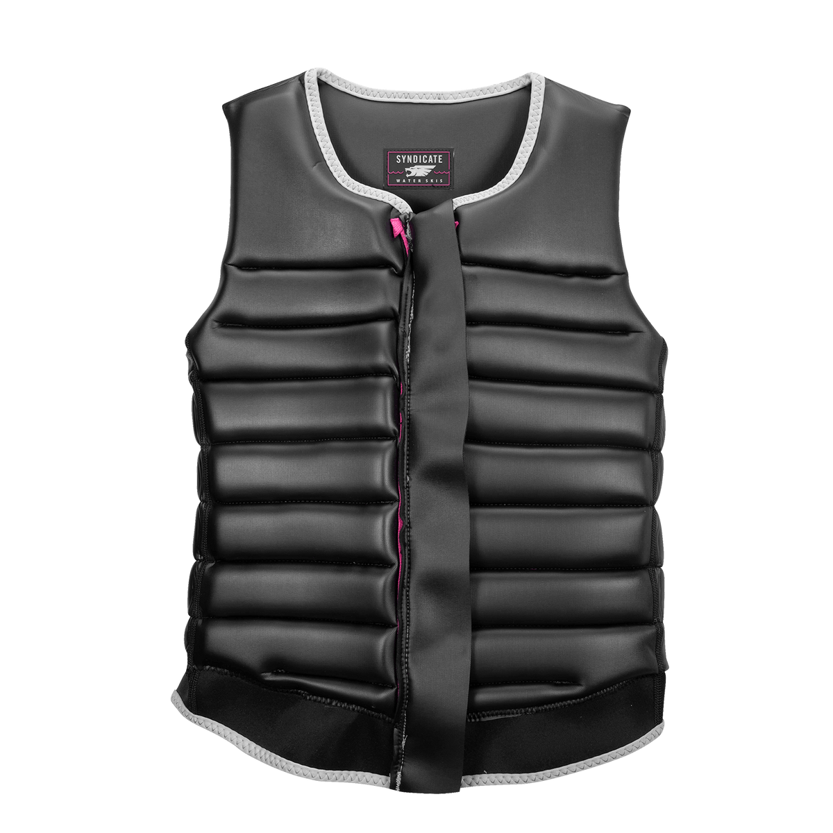 Front view of the Syndicate Ethos vest, displaying its black interior, pink zipper, and adjustable front closure.