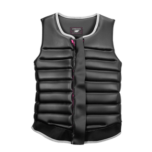 Front view of the Syndicate Ethos vest, displaying its black interior, pink zipper, and adjustable front closure.